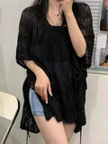 Zingj V-Collar Hollowed-Out Short-Sleeved Sweater Women's Wear Thin Style Design Unique Chic Loose