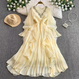 High-End Elegant Dress Women Fashion Heavy Industry Embroidery Stender V Collar Waist Temperament Court Style Long