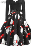 Women Winter Long Sleeve Vintage Christmas Dress Black Red Print V Neck Sexy Xmas Party Dress Robe 3XL Elegant