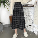 Plaid Woolen Skirt Women Long Elegant Houndstooth Tassel Pleated Skirt Female Harajuku High Waist Loose Midi Skirt