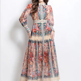 Court Print Flip Lantern Sleeves To Close Waist Single Buckle Dress Women Thin Elegant Long