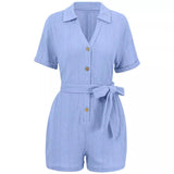 / Summer 2025 New Style Short Sleeve Tie Lapel Jacquard Knit Pure Color Short Jumpsuit