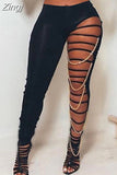 Sexy High Waist Ripped Leggings Women Black Slim Holes Trousers With Gold Chain Pencil Pants Casual Fashion