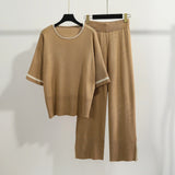 Summer Women's Clothing Age Reduction Ocean Casual Loose Fashion Set Short-Sleeved Knitted Jersey Broad Leg Pants Two