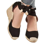 Summer New Large-Size Slopes And Women's Sandals Thick-Soled Buns Heel Heel Heel Tie Cloth Hemp Rope Sandals