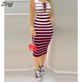 Sleeveless Striped Print Colorblock Eyelet Lace Up Casual Tight Skinny Bodycon Dresses Loungewear Women Tank Dresses