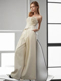 2025 New Temperament Splicing Three-Dimensional Flower Fish Bone Stud Top + High Waist Broad Leg Slacks Fashion