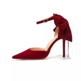 Red Bridal Wedding Shoes Fine Heel High Heels Women Beautiful Bows Water Drill Dress Single