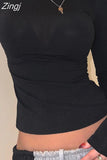 Backless Criss-cross Black Long Sleeve T-shirts Base Tops Streetwear 2023 Spring Fall Slim Fit Female Tees