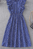 Women Summer Polka Dot Chiffon Dress Short Sleeve Party Sweet Slim A-Line Casual Elastic Waist Elegant Midi Dresses Robe