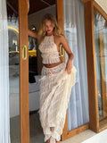 Halterneck Ruched Open Back Tie Up Top And Maxi Skirt Set-Outfit