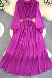 Women Draped Long Dress Spring Autumn Elegatn V-Neck Lantern Sleeve High Waist A-Line Pleated Party Maxi Vestidos