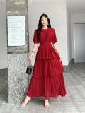 Familiar With The Style Of Temperament Short-Sleeved Round Collar To Close The Waist Thin Cake Dress Dress Dress
