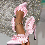Women's Spring 2025 New Silk And Satin Lace Petals In The Middle Of The Hollow Tip High Heels Single