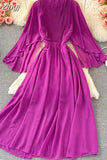 Purple/Orange/Red Draped Long Dress Boho Round Neck Flying Sleeve High Waist Elegant Vacation Beach Robe Bohemian