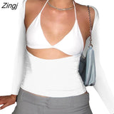 Women Trendy T-Shirt Sexy Solid Color Long Sleeve Fitted Cutout Open Back Going Out Tops Streetwear for Females