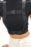 Streetwear Bodycon Cropped T Shirt Women Short Sleeve Buckle Patchwork Crop Top Fashion Summer Tshirt Slim Tee
