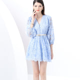 Sweet Court Style V-Neck Lantern Sleeve Embroidery Collection Thin Single Buckle A Word Elegant Dress