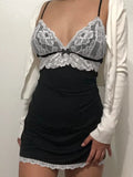Y2K V Neck Lace Patchwork Strap Bodycon Sexy Dress Backless Sundress Fashion Elegant Bow Aesthetic Party Dress