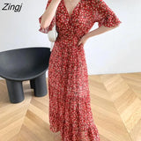 Women Sexy V-neck Ankle-length Red Floral Elegant Flare Sleeve Chiffon Clothing Holiday Ruffles Abdomen Lady Trendy