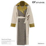 New British Wind Splicing Colliding Color Leather Lattice Long Wind Coat Coat Women