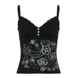 Dark Black Style Sexy Lace Splicing V-Neck Sling Sling Retro Print Personality Hottie Inside And Outside Wearing A