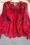 Vintage Red/White/Pink Hollow Out Lace Blouse Women Elegant Lantern Long Sleeve Single Breasted Tops Female Blusas