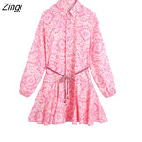 Women Sweet Totem Floral Print Big Swing Mini Shirt Dress Female Chic Lantern Sleeve Casual Slim Lace Up Vestidos