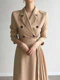 Double-Breasted V-Neck Lace-up Belt Office Lady A-Line Long Sleeve Slim Waist Pleated Midi Dress Women Korea Autumn
