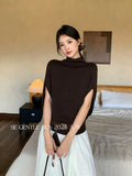 Xixi 2025 Autumn New White Standard Temperament High-Neck Solid Color Knit Shirt Short-Sleeve Top Lady