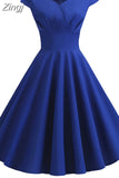 Summer Women Vintage Dress Short Sleeve V Neck Casual Elegant Retro Pin up Party Midi Dresses Vestidos