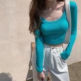 Women Long Sleeve Short T-shirts Solid Deep O-neck Slim Sexy Daily Korean Style Ulzzang Fashion Simple Autumn Female