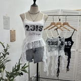 Real Shooting Lace Sling Vest Irregular Ribbon Hot Wear Print Short-Sleeved Top