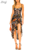 V-Neck Strap Printed Ruffles Midi Dress Summer Elegant Sleeveless Print Asymmetrical Hem Dresses Women Party Evening