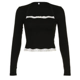 French Lace Trim Splice Slim Long Sleeve TeeOutfit