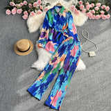 Zingj Suit Women's Casual Loose Long Sleeve Single-Breasted Shirt Two-Piece High Waist Slim Tie-Dye Print Wide-Leg
