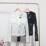 Real Shot Design Lace Ribbon Hollow Long Sleeve Top Sexy Slimming Bottom T-Shirt