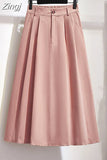 Women Cotton Skirt 2023 Spring Summer Preppy Style Solid Casual Elegant Pocket Elastic High Waist A-Line Midi Skirts