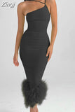 Elegant Feathers Midi Dress for Women Clothes Gown Summer Sleeveless Party Club Asymmetrical Long Dresses