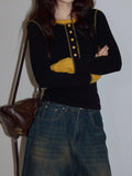 Design Sense Black Collar Splicing Woman 2025 Autumn High-End Temperament Waist Repair Knitted Long-Sleeved