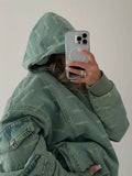 Retro Green Wear Denim Hooded Cotton Clothes Women Multi-Pocket Workwear Style Loose Version Of Autumn And Winter