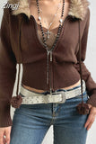 Y2K Aesthetic Fluffy Fur Trim Collar Women Sweaters Jacket Furry 90s Vintage Zipper Coat Knitting Cardigans