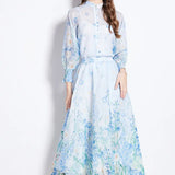 Women's Clothing Two Sets Of Famous Temperament Lantern Cuffs Buckle On The Body Of High-Waist Printing Net Yarn