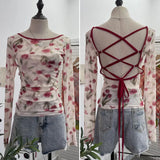 Print Repair Body Clothes Bump Color Mesh Strapd To The Big Bare Back Long-Sleeved Bottom Shirt T-Shirt