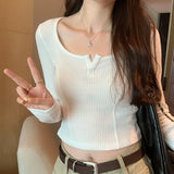 V Neckline Short Threaded Long-Sleeved T-Shirt Women's Autumn New Bottomed Shirt Design Niche