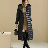 Autumn And Winter New Belt Long Down Jacket Female Over The Knee Fat MM Large Size Inner Liner Light Coat Tide-Outfit
