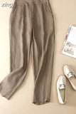 Summer Breathable Pants Large Size Loose Harem Ankle-Length Pants Cotton Linen Casual Pocket Black Elastic High Waist