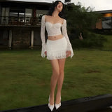 Lace Top & Ruched Mini Skirt Two Piece