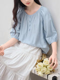 Blue Shirt Women's Round Collar 2025 Summer Dress New French Commuting Shirt Casual Loose Mid-Sleeve Top