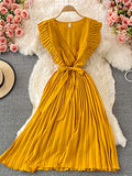 Women Green/Red/Beige Pleated Midi Dress Vintage V-Neck Draped Party Robe Female Elegant Casual Vestidos New Fashion